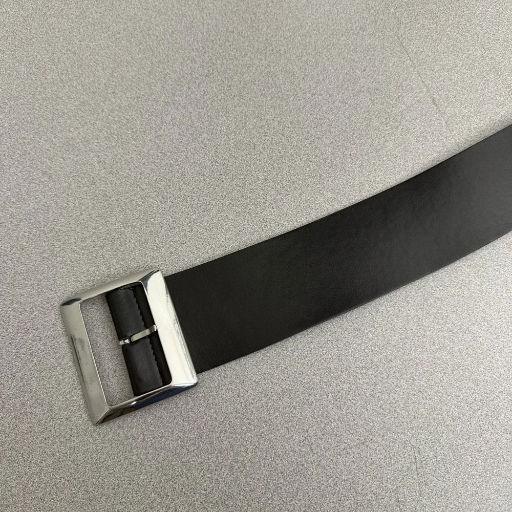 Sportmax Belt Womens 38 Black Leather Wide Strap Silver Buckle Made in Italy